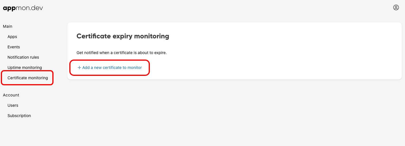 Screenshot of certificate monitoring page